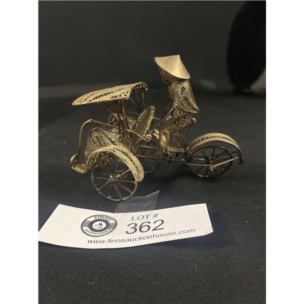 Very Old Hand Crafted Silver Filigree Rickshaw Ornament. With Moving Wheels