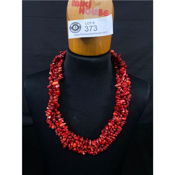 Beautiful Three Strands Dark Red Natural Coral Necklace 18" L