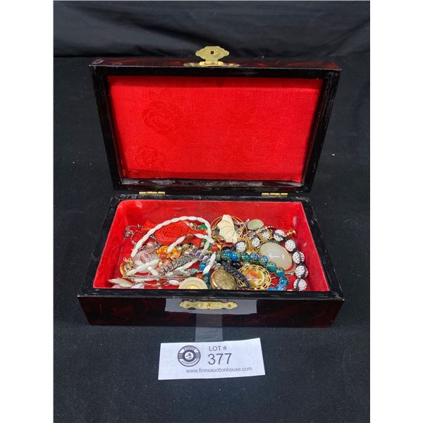 Vintage Oriental Jewelry Box with Lot of Estate Jewelry Contents