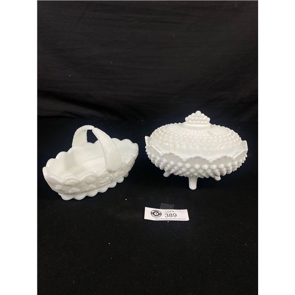 Vintage Ornate Milk Glass Basket & Hobnail Footed Dish with Lid. Small Damage