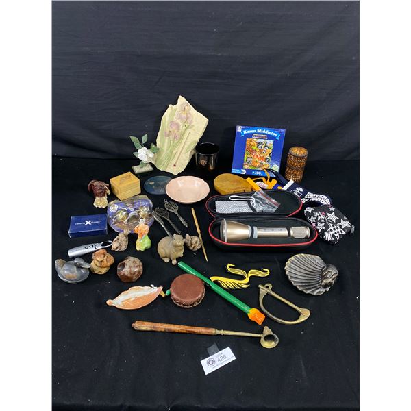 Tray Lot of Collectibles, External Phone Speaker and Home Décor