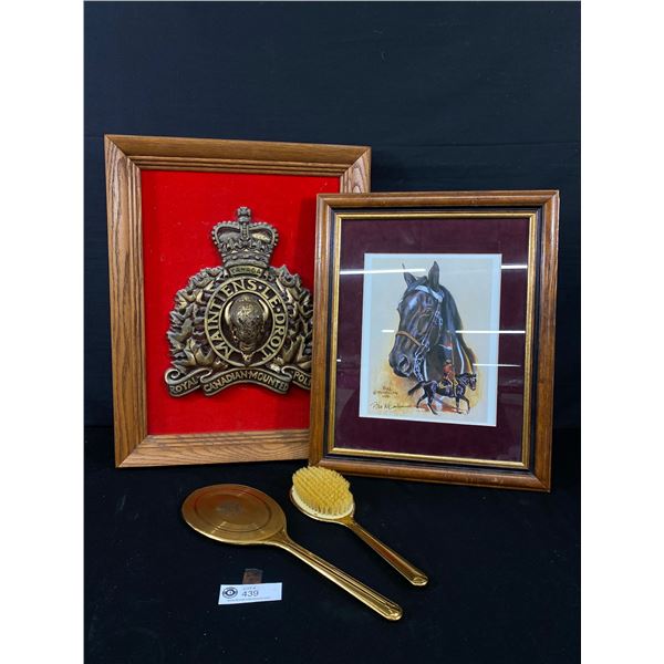 RCMP Lot. Large Framed Wall Emblem,Musical Ride Framed Print, & Brush and Mirror( NO Glass) As Found