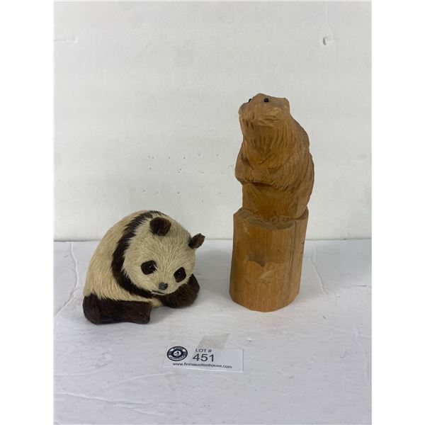 Folk Art Hand Carved 7.5  Tall Beaver and a Panda Bear