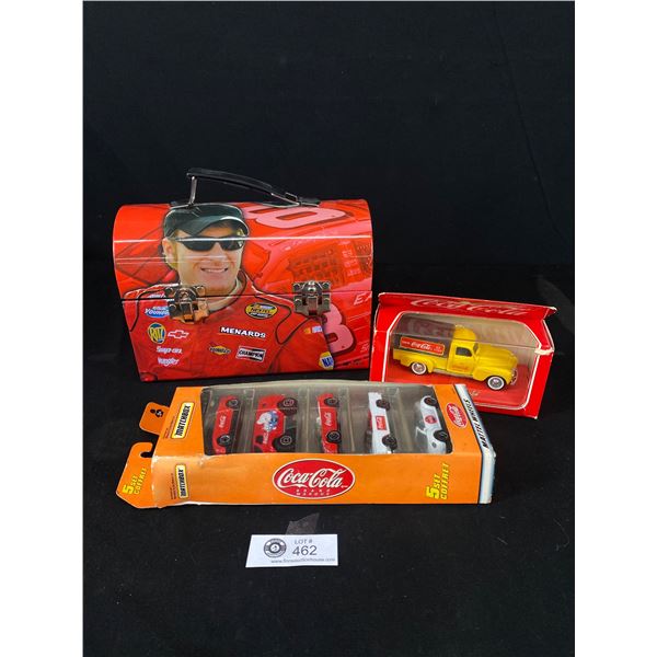 Dale Earnhart Metal Lunchbox + Coco Cola Matchbox Cars in Packages