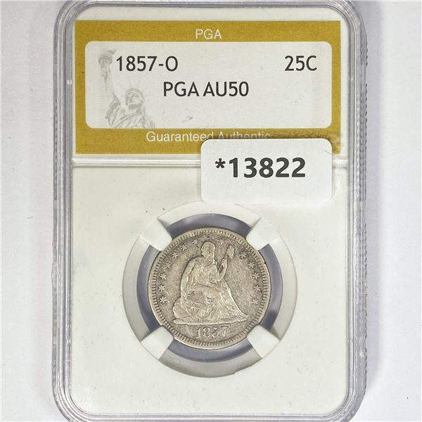 1857-O Seated Liberty Quarter PGA AU50