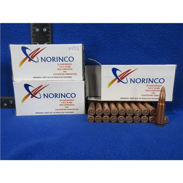 7.62X39 122gr FMJ Norinco Cartridges - 3 Boxes of 20