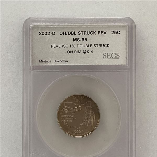 Rare 2002-D Ohio OH/DBL Struck Rev 25c MS-65