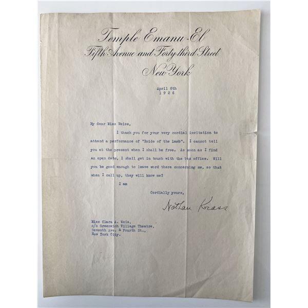 1926 Temple Emanu-El Rabbi Nathan Krass signed letter