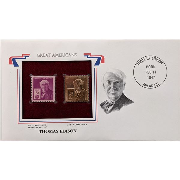 Great Americans Thomas Edison - 22k Gold Stamp Replica First Day Cover