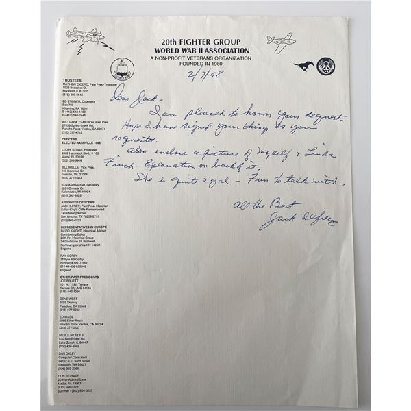 WWII 20th Fighter Group Jack M. Ilfrey signed sheet