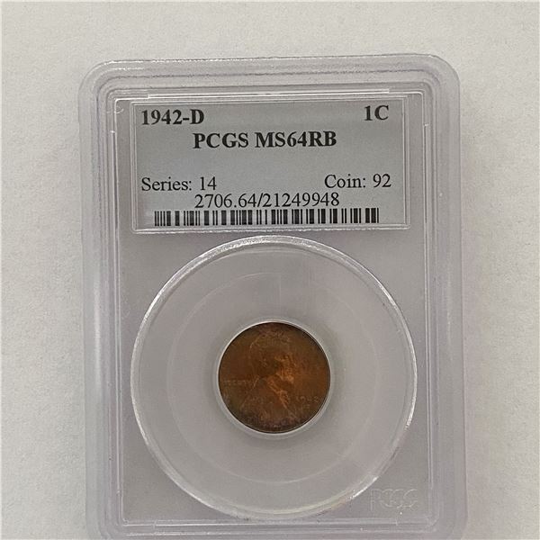 Rare 1942-D Lincoln Cent. PCGS MS64RB