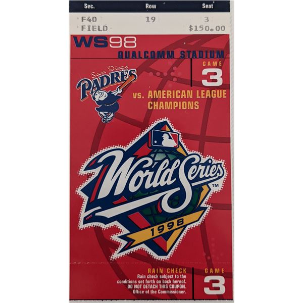 1998 World Series Yankees vs. Padres Game 3 Ticket