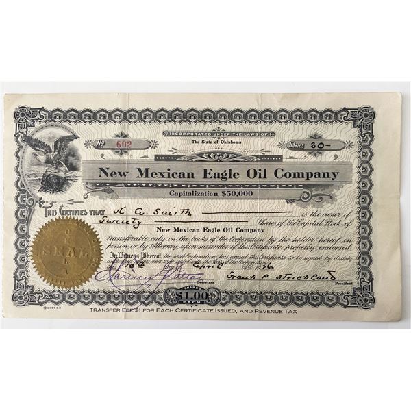 1926 New Mexican Eagle Oil Company Signed Stock Share Certificate
