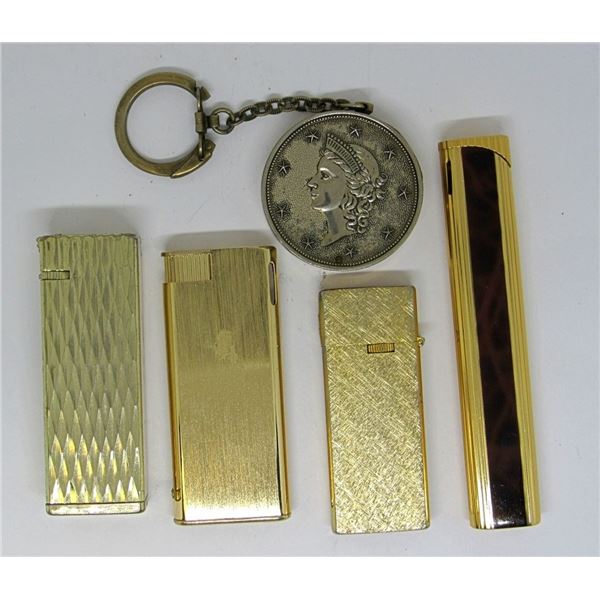 (5) UNIQUE VINTAGE GOLD TONE LIGHTERS