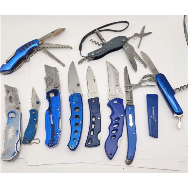 (11) BLUE HANDLE VARIOUS KNIVES