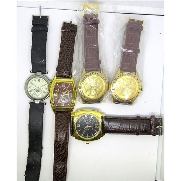 5  MEN'S LEATHER STYLE BAND WATCHES: