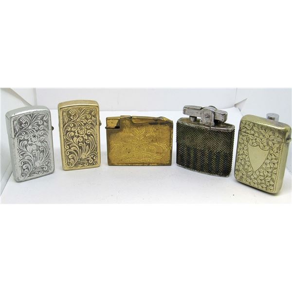 (5) MIXED VINTAGE LIGHTERS AND MATCH CASE