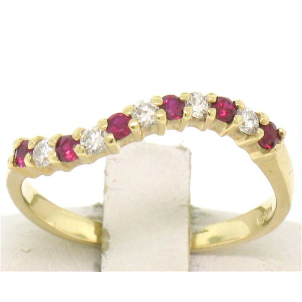 14k Yellow Gold 0.41 ctw Prong FINE Round Ruby & Diamond Wavy Wave Band Ring