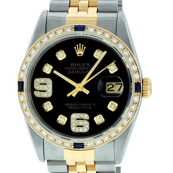 Rolex Mens Stainless Steel and Yellow Gold Black VVS 6&9 Diamond 36mm Datejust