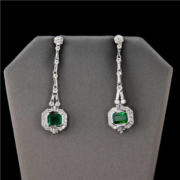 3.18 ctw Emerald and 1.86 ctw Diamond Platinum Dangle Earrings