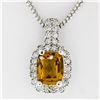 Image 2 : 14K White Gold 3.71 ctw Cushion Checkerboard Citrine Diamond Halo Pendant & Chai