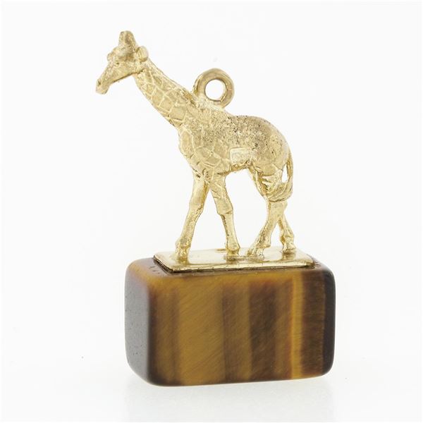 Vintage British 9K Yellow Gold Textured Giraffe On Tigers Eye Base Charm Pendant