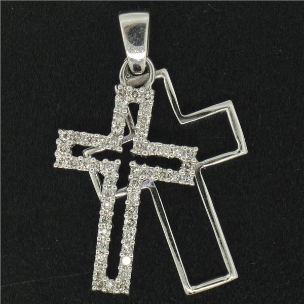 14k White Gold.75 ctw Round Brilliant Diamond Open Double Floating Cross Pendant