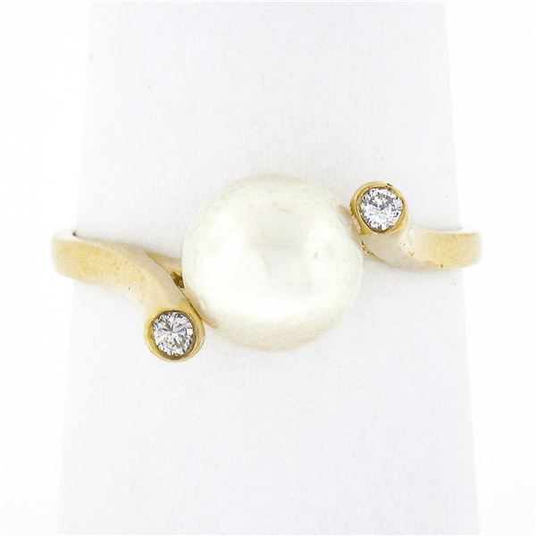 14K Gold 7.65mm Cultured Pearl Solitaire .06 ctw Bezel Diamond 3 Stone Bypass Ri