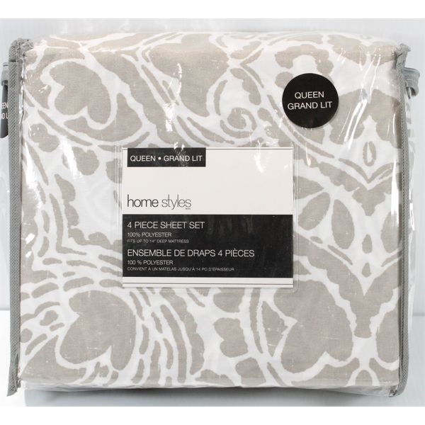 NEW 4 PIECE SHEET SET – QUEEN –  TAN/WHITE ABSTRACT