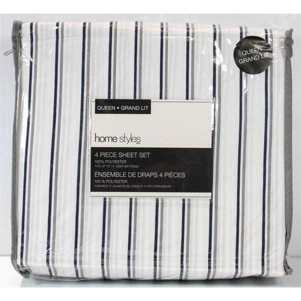 NEW 4 PIECE SHEET SET – QUEEN – WHITE W/STRIPES