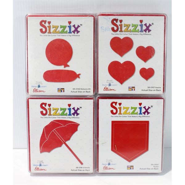 FOUR SIZZIX DIES, INCL. HEARTS, BALLLONS, UMBRELLA
