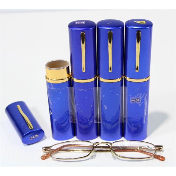 4 PENCIL THIN READING GLASSES IN SLEEK CASE, +4.0
