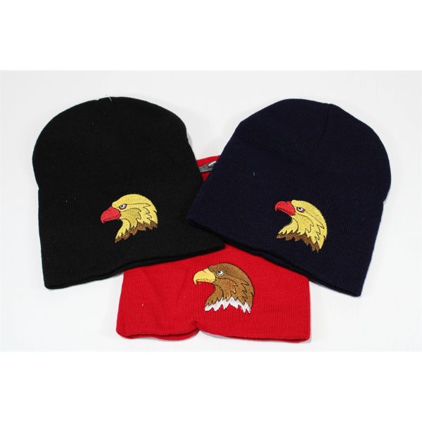 3 PACK KNIT EAGLE HEAD MOTIF TOQUES, RED/BLACK/NAVY