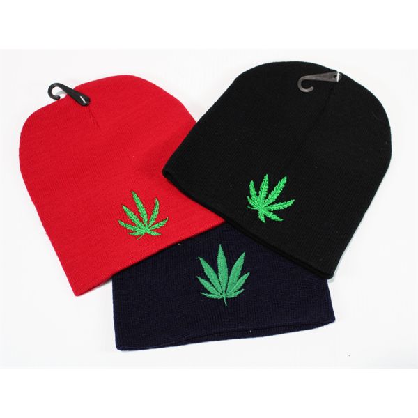 3 PACK KNIT MARIJUANA LEAF DESIGN TOQUES, RED/NAVY/BLACK