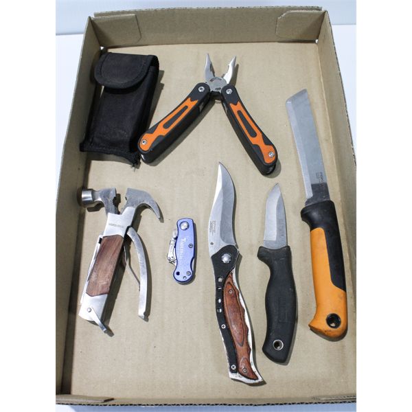 2 MULTI-TOOLS, FISKARS KNIFE + 3 MISC KNIVES