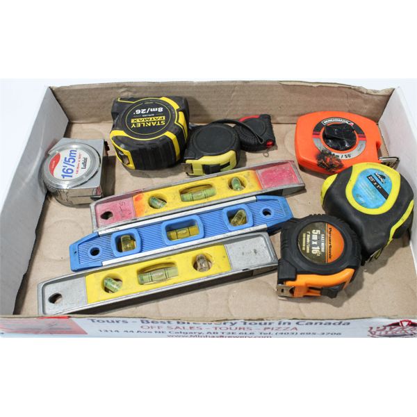 FLAT OF 6 TAPE MEASURES & 3 TORPEDO LEVELS