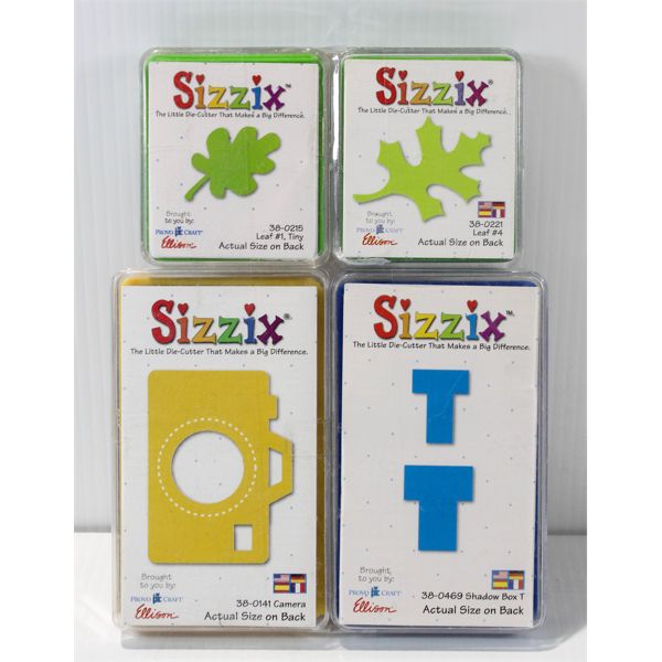 4 SIZZIX DIE SETS INCL. TINY LEAVES, CAMERA AND LETTER T