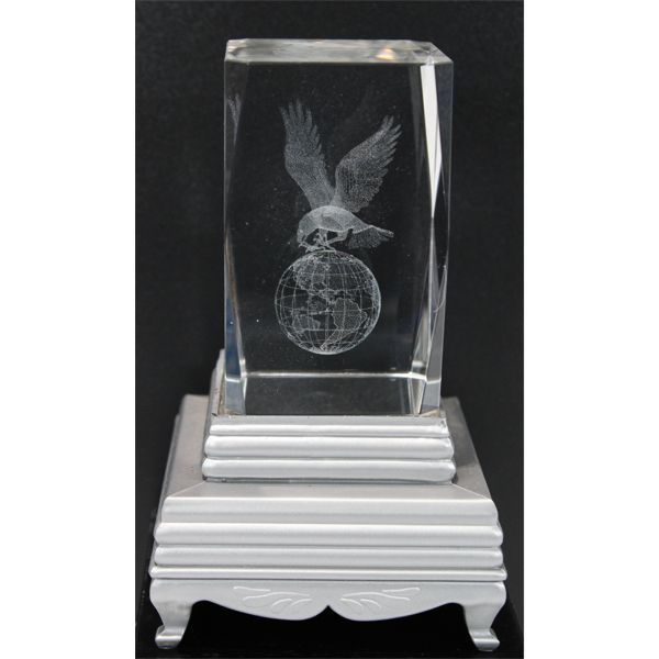 GLASS CRYSTAL W/WORLD AND EAGLE LASER ETCHING
