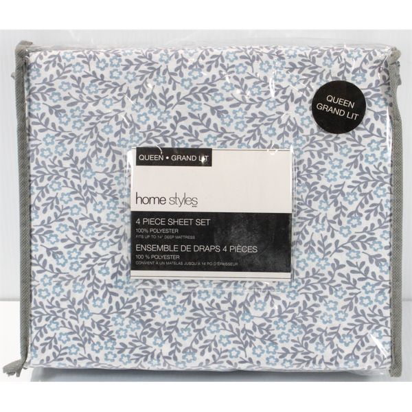 NEW 4 PIECE SHEET SET – QUEEN - BLUE FLOWERS