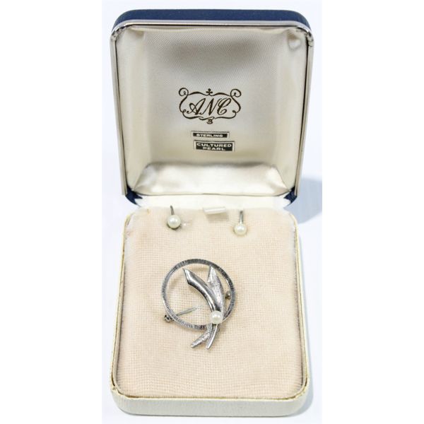 STERLING SILVER AND CULTURED PEARL EARRINGS  & BROOCH