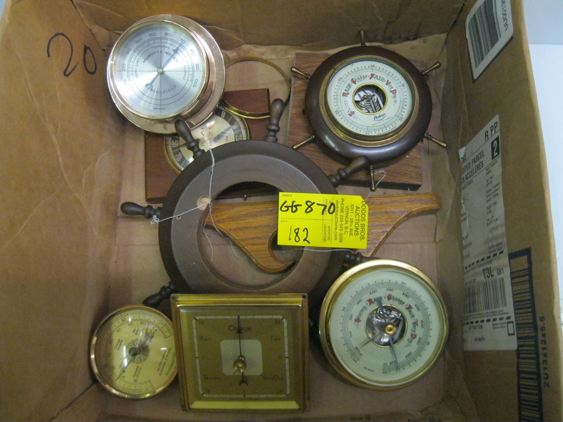 Garage Barometer BOX W/ASSORTED BAROMETERS, ETC.