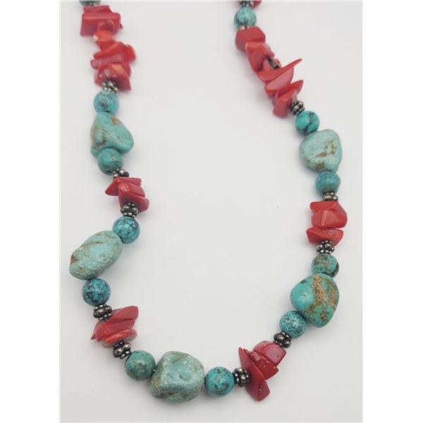 18 INCH TURQUOISE AND RED CORAL BEADED
