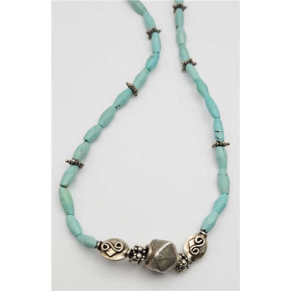 TURQUOISE & STERLING BEADED NECKLACE WITH