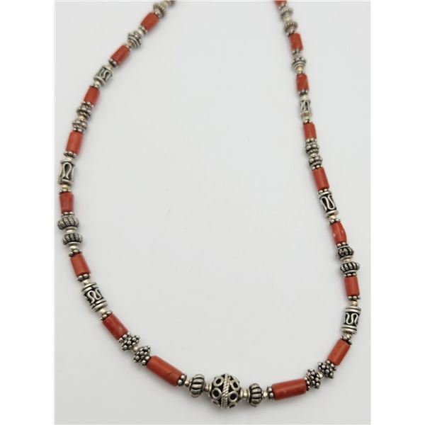 18 INCH RED CORAL AND STERLING BEADED NECKLACE