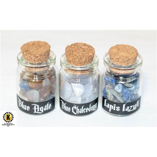 3 MINI CORK LID JARS OF GEMSTONES: LAPIS LAZULI,