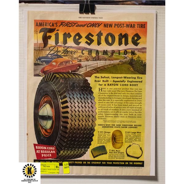 FIRESTONE TIRES "POST WAR TIRE" ADVERTISEMENT -