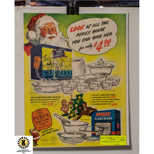 ORIGINAL PYREX AD  - 1940'S