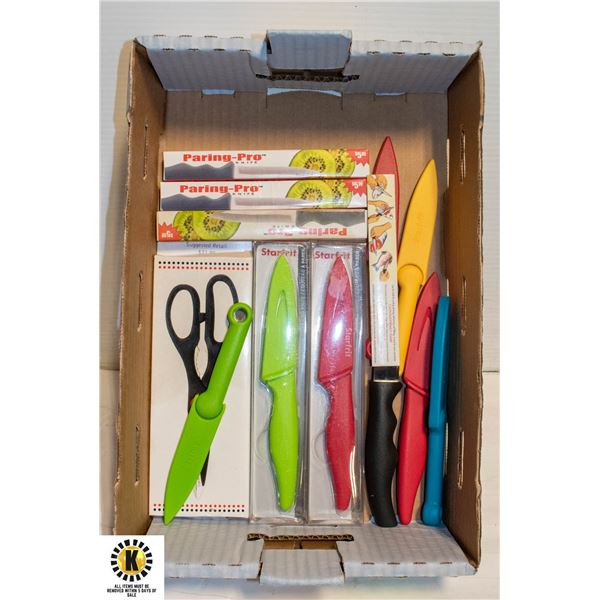 BOX OF NEW KNIVES AND SCISSORS INCL. NEW