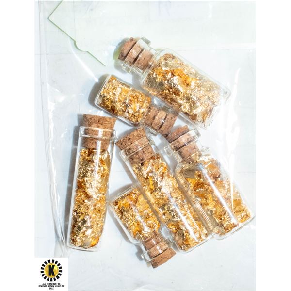 LOT OF 6 GOLD FOIL FLAKES IN GLASS BOTTLES