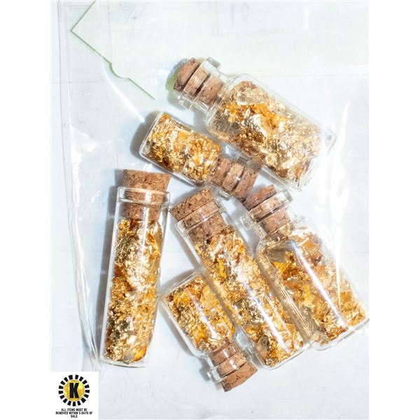 LOT OF 6 GOLD FOIL FLAKES IN GLASS BOTTLES